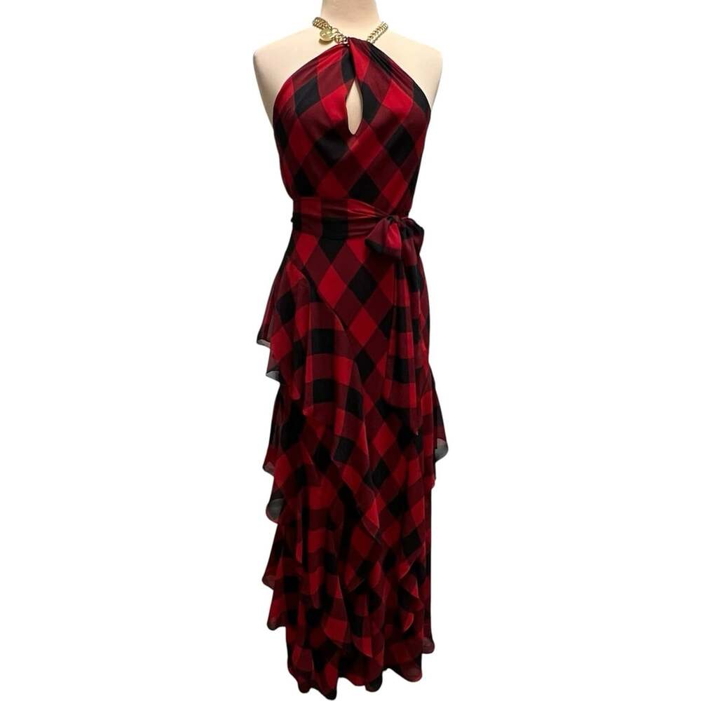 Lauren Ralph Lauren Buffalo Check Georgette Halter Gown Red Black Gold fit S 4 6